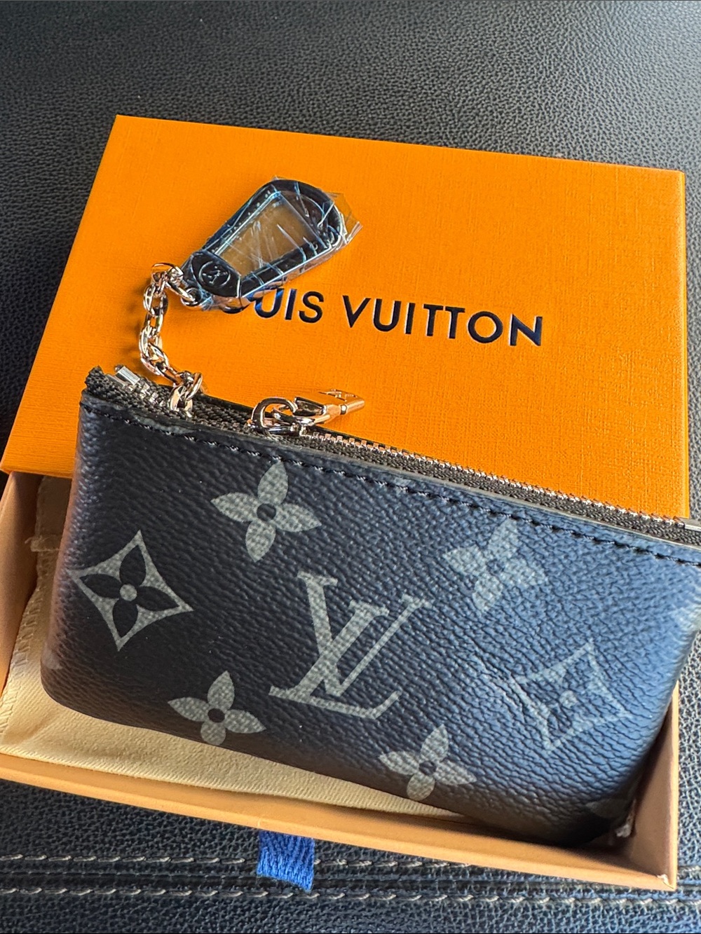 Black Monogram Key & Card Holder with Gold Chain